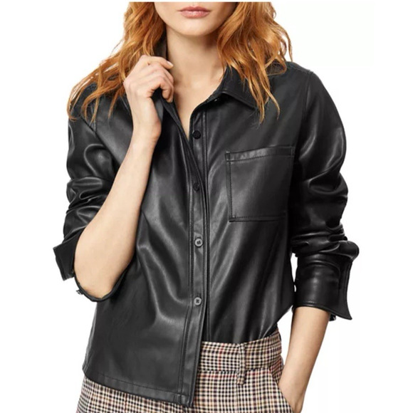 Habitual Taylor Women M Blouse Cropped Faux-Leather Button Front Shirt Black - Picture 1 of 11